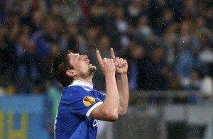 Dnipro Dnipropetrovsk's Yevhen Seleznyov celebrates after scoring a goal against Napoli during their Europa League semi-final second leg soccer match at the Olympic stadium in Kiev